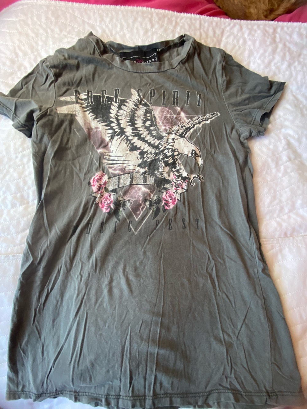 Polly & Esther Gray Graphic Eagle Tee with Pink Rose Accents